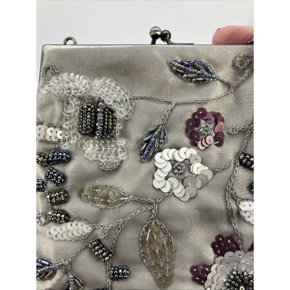 Vtg Elan Beaded Floral Mini‎ Purse Satin Gray Purple Kiss Lock Evening Bag Party